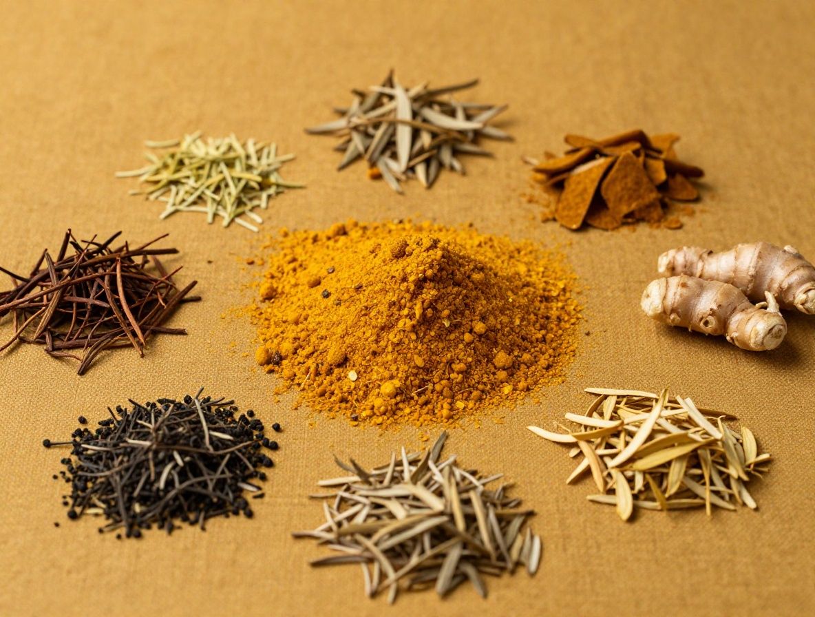 Nahaufnahme von getrockneten Kräutern und Gewürzen in kleinen Holzschalen – Kurkuma, Ingwer, Zimt – warme goldene Töne, rustikaler Hintergrund