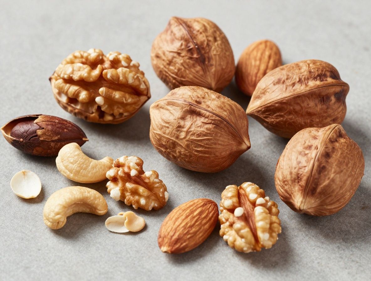 Verschiedene Nüsse und Kerne – Walnüsse, Mandeln, Cashews – auf einem dunklen Schieferbrett arrangiert, seitliches Studioliccht beleuchtet Texturen