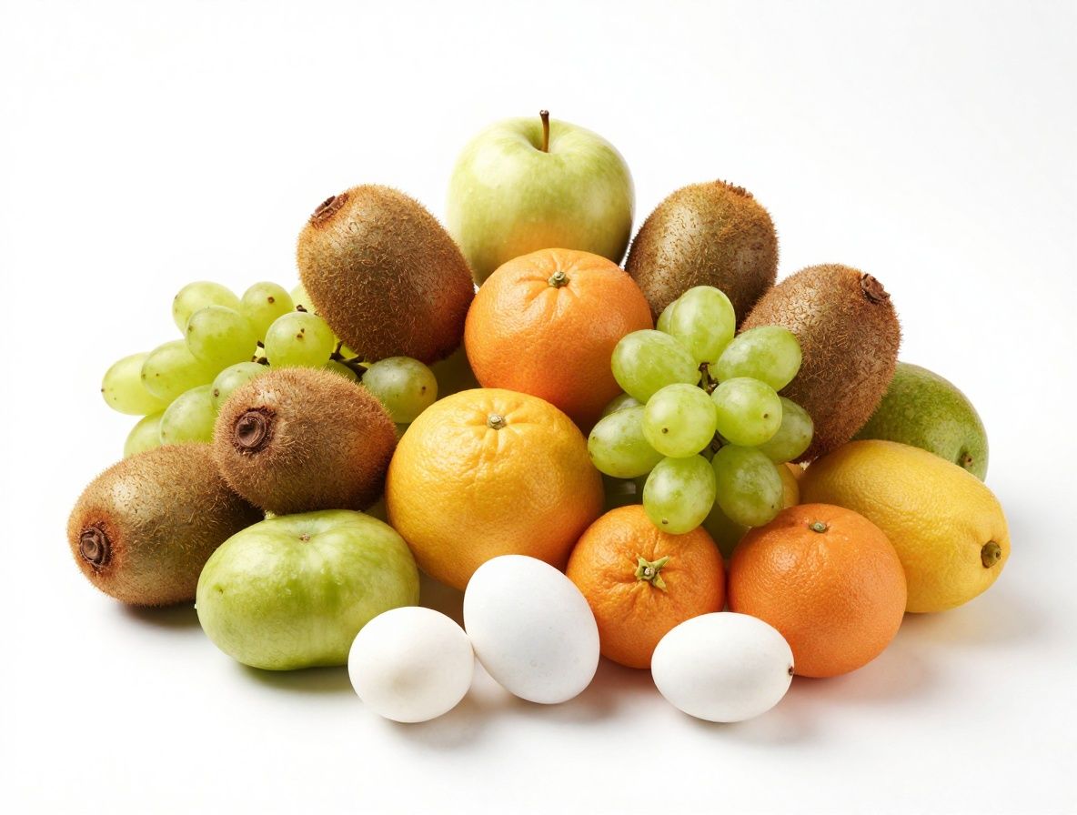 Arrangement von bunten frischen Früchten – Beeren, Kiwi, Zitrusfrüchte – auf weissem Marmor, helles natürliches Licht, lebendige Farben