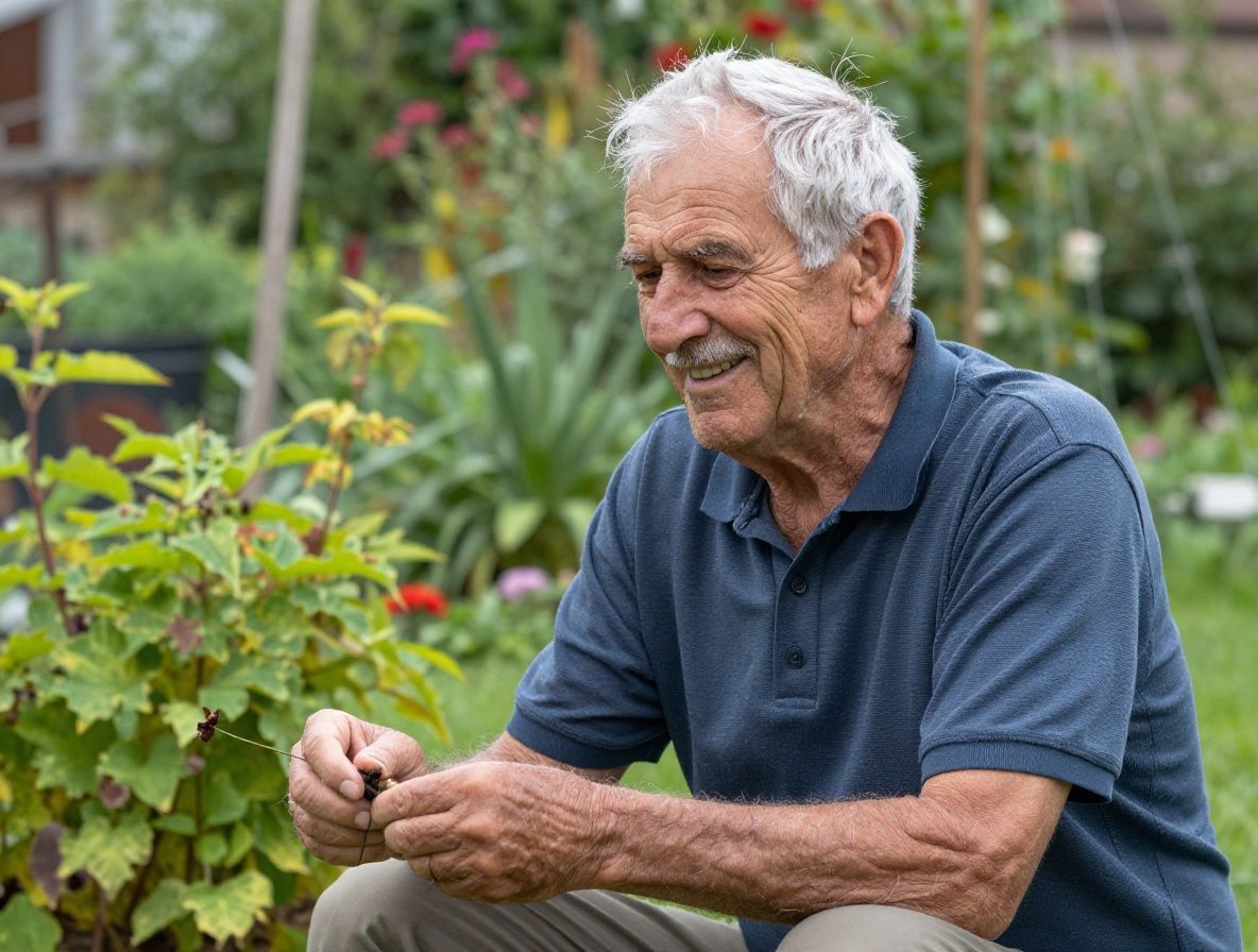 Älterer Mann mit weissem Haar bei leichten Gartenarbeiten an einem sonnigen Morgen, wirkt zufrieden und voller Energie